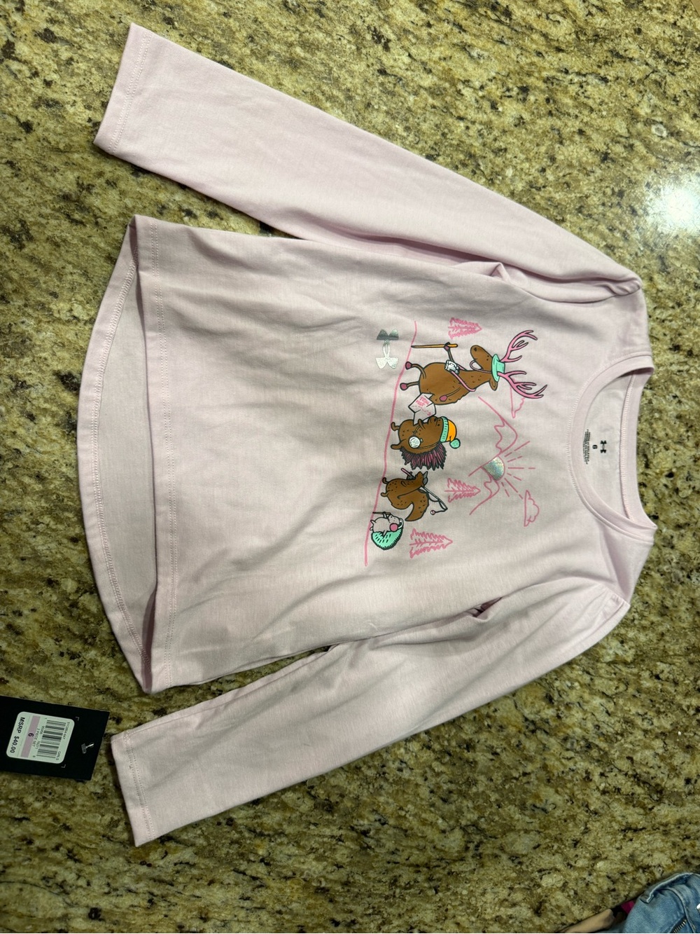 Under Armour Light Pink Long-Sleeve Girls' Reindeer Graphic Tee